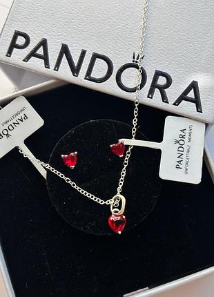 Набор украшений pandora - серьги «красные чакры» с эмалью и колье «сияющее красное сердечко»