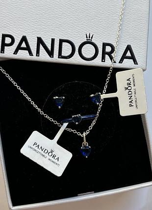 Набор украшений pandora - серьги и кольца «синее сияющее сердце океана», подарок девушке 16