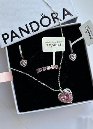 Набор украшений pandora «розовое сияющее сердце» - колье, серьги и кольца с розовыми сердцами, 925 проба