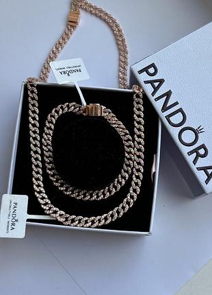 Найпопулярніший набір прикрас pandora — кольє pavé та браслет «сяюче pavé» кубинського плетіння позолота