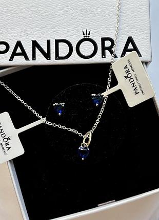 Набор украшений pandora - колье и серьги-гвоздики «синее сияющее сердце океана»