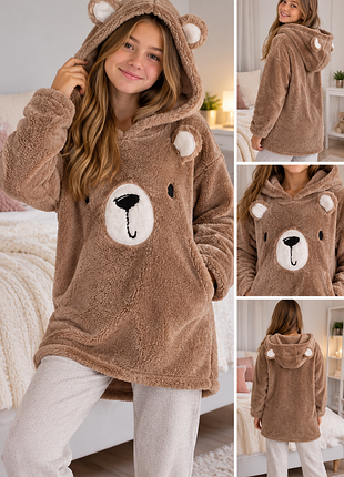 Тепла плюшева кофта-худі меховушка з ведмедиком, 12–13 років