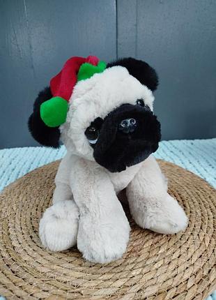 Мʼяка іграшка собака мопс у новорічній шапці christmas soft toy оригінал