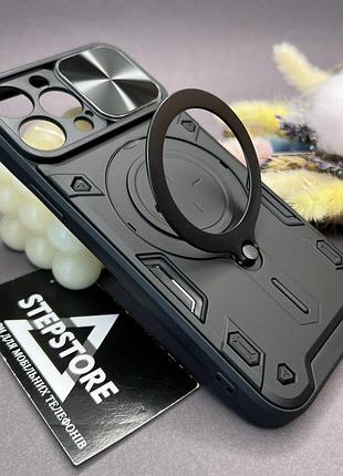 Чехол для iphone 13 pro max бронированный со шторкой на камеру magsafe противоударный с кольцом-подставкой
