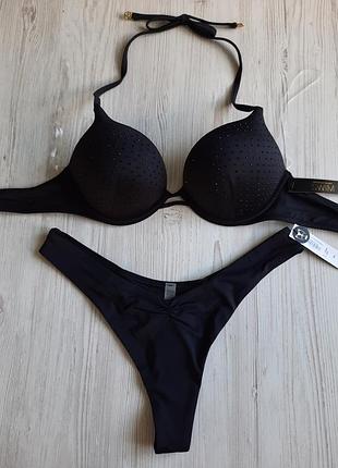 Черный купальник бомбшелл двойной пуш-ап victoria's secret оригинал 75а 34а виктория сикрет стринги bombshell s m плавки бразилианы