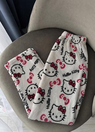 Штани жіночі hello kitty домашні флісові білі з принтом