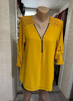 💛 яркая желтая блузка holly’s xl с кружевом – эффектная модель с декоративной молнией