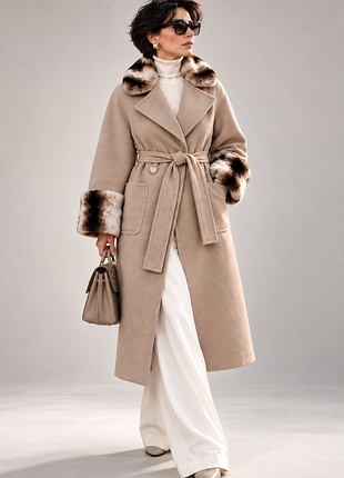 Пальто bessini / меховой воротник и манжеты / camel beige / меди / 40