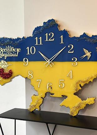 Годинник настінний з епоксидної смоли "карта україни" 50x34 см