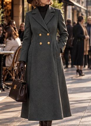 Женское расклешенное приталенное пальто миди / officer coat / military / шалфей sage green / двубортное