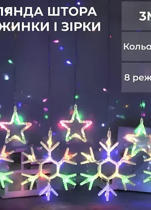 Гірлянда-штора зірки та сніжинки 3*0,9 м 10 фігур