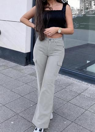 Джинсы карго клеш серые стрейчевые 🔥 на высокий рост 👖 subdued soft flare ✨ с накладными карманами m-l🤍красивые женские джинсы 🤍 джинсы клеш