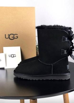 Ugg bailey bow 2 boot black, жіночі уггі 2 банта чорні зимові