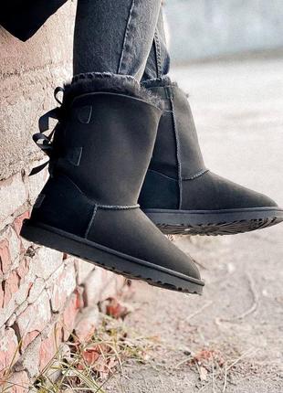 Ugg bailey bow 2 boot black, женские угги 2 банта чёрные зимние7 фото