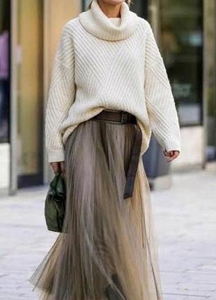 Нежно молочный теплый свитер с геометрией узор, ромбы мохер шерсть, плотность классика, высокий воротник хомут горло