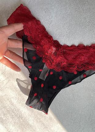 Трусики жіночі intimissimi бразиліана чорні з червоним мереживом та горохом, розмір s