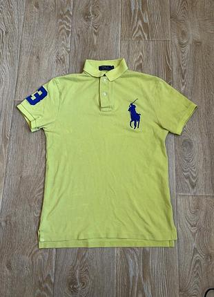 Яскраво-жовта чоловіча футболка-поло polo ralph lauren big pony з коротким рукавом, синім великим логотипом на грудях та цифрою «3» на рукаві