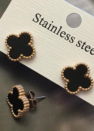 Сережки з чорною конюшиною з медичного золота stainless steel, xuping позолочені