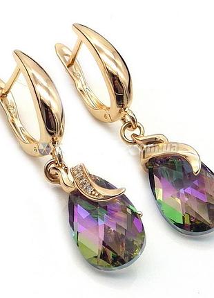Cерьги с мультиколор кристаллами swarovski. размер 3,5 см. медзолото. медицинское золото. xuping