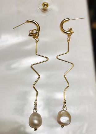 Сережки с барочным жемчугом 8 см, медична сталь design by korea 925 silver