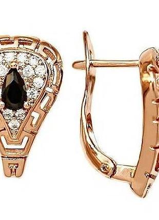 Серьги с черными фианитами 1,6 см, медзолото, медицинское золото