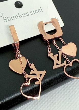 Сережки lv з медичної сталі stainless steel, xuping позолочені
