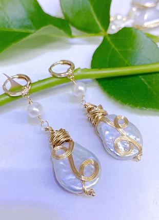 Сережки с барочным жемчугом 6 см, медична сталь design by korea 925 silver