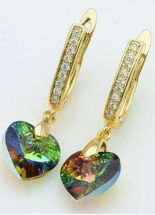Серьги с кристаллами swarovski . размер 3 см, медзолото, медицинское золото, позолоченные, xuping