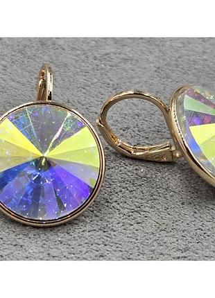 Сережки з бензиновими кристалами swarovski. розмір 2 см, медзолото, медичне золото, позолочені, xuping