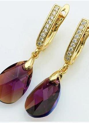Серьги с кристаллами swarovski . размер 3,6 см, медзолото, медицинское золото, позолоченные, xuping