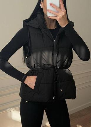 Женская жилетка oversize | водоотталкивающая плащевка + экопух чорний, 48–50