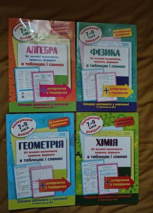 Лучший справочник 7-9 класс алгебры, геометрия, физика, химия. все основные определения, правила, формулы в таблицах и схемах (цена по 4 справочника)