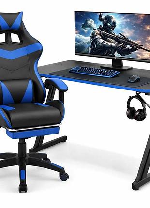 Оригинальный комплект геймерский игровой стол + геймерское кресло с массажной подушкой, подножкой, thronex черный с синим