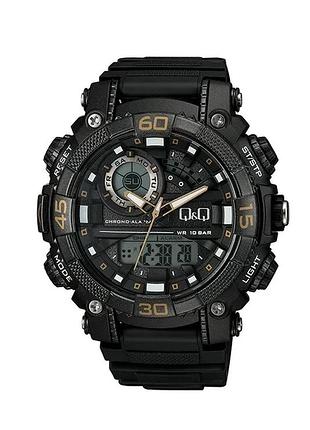 Мужские часы q&q gw87j013y чёрные с золотистым 52 мм стрелки и цифровой дисплей хронограф