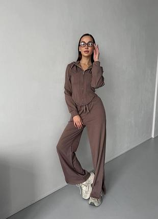 Теплый женский костюм на флисе с корсетной кофтой и прямыми брюками моко 46-48