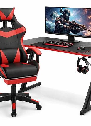 Оригинальный комплект геймерский игровой стол + геймерское кресло с массажной подушкой, подножкой, thronex черный с красным