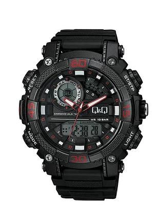 Мужские часы q&q gw87j011y чёрные с красным 52 мм стрелки и цифровой дисплей хронограф