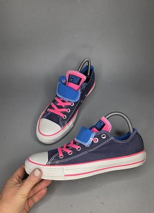 Сині жіночі кеди converse chuck taylor all star double tongue з яскраво-рожевими акцентами та шнурівками