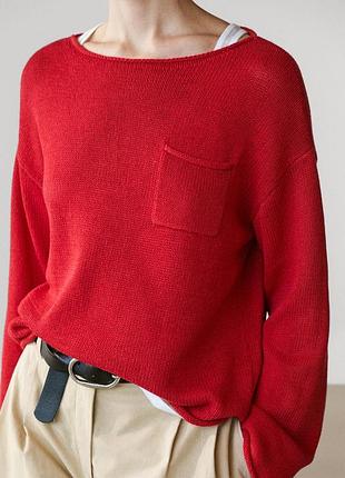 Червоний бавовняно-льняний джемпер светрик massimo dutti.