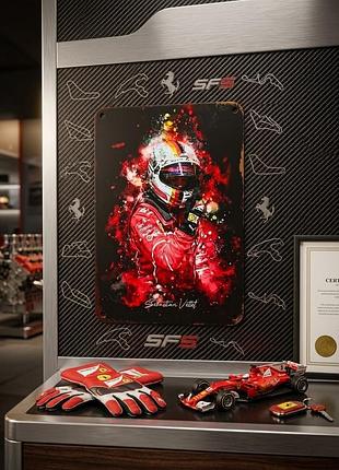 Металлическая винтажная табличка "себастьян феттель / sebastian vettel / формула 1 / formula 1 / ferrari / автоспорт / постер" 14х20 см