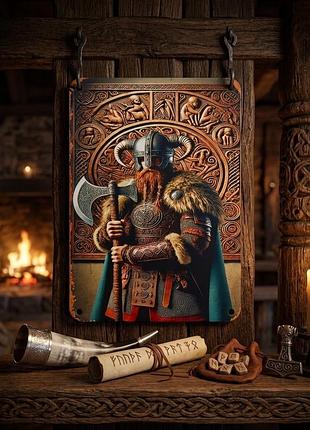 Металлическая винтажная табличка "викинги / воин / северная мифология / топор / скандинавия / декор" 14х20 см