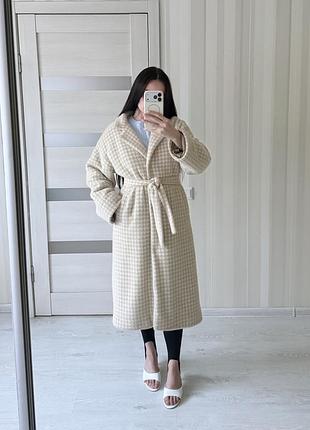 Пальто жіноче ангора oversize s/m зимове з поясом, гусиная лапка
