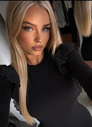 Кофта чорна в рубчик ✨ ажурные воланы 🖤 Кружево 💫 лонгслив гольф джемпер с кружевом🖤 размер м/л🖤женский свитер 🖤 женский мирер
