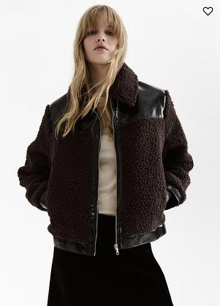 Жіноча куртка-бомбер teddy h&m з екошкіри та хутра, коричнева