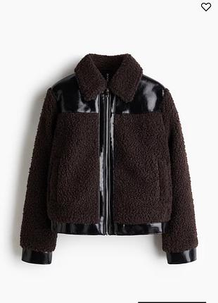 Жіноча куртка-бомбер teddy h&m з екошкіри та хутра, коричнева