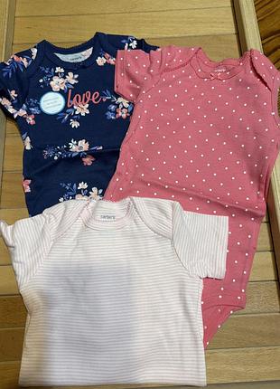 Боді для дівчаток carter's, набір 3 шт., рожевий, синій, в смужку, в горох, квітковий принт, короткий рукав