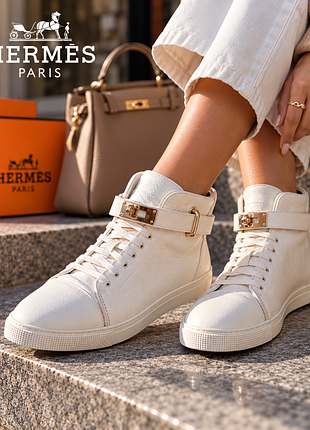 Hermès paris — белые кожаные высокие кеды  кроссовки с золотой фурнитурой