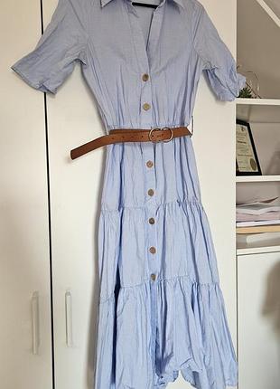 Сукня zara блакитна xs, 100% котон, з поясом