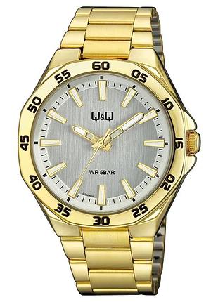 Мужские часы q&q qz82j001y золотистые 42 мм браслет водозащита 50 м серебристый циферблат