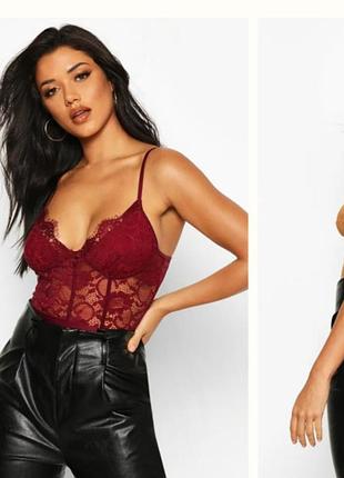 Жіноче боді boohoo berry premium eyelash lace panelled bodysuit бордове